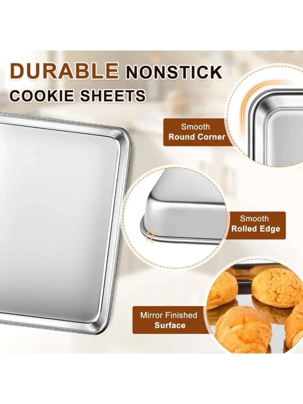 Set of 3 Stainless Steel Baking Sheets - Heavy Duty, Nonstick, Rust Resistant
